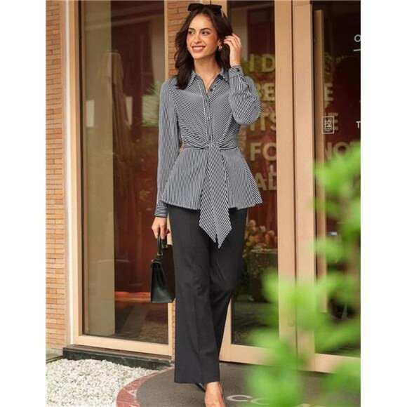 Peplum Tops Tie Front Striped Blouse Black - Picture 4 of 6